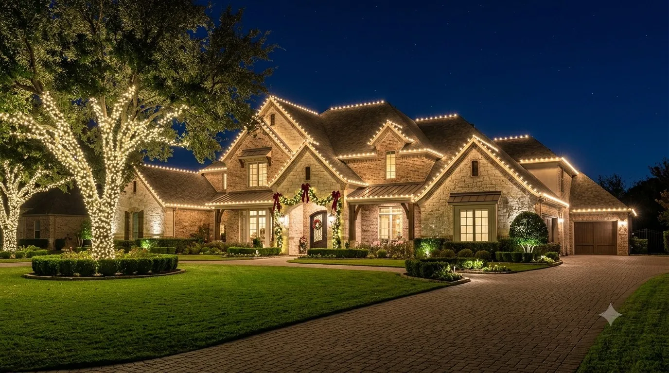 Two-story brick estate with warm white C9 roofline lighting and a wrapped oak
