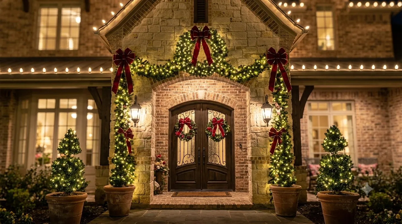 Front entry framed in lit garland with red bows and wreaths on double doors