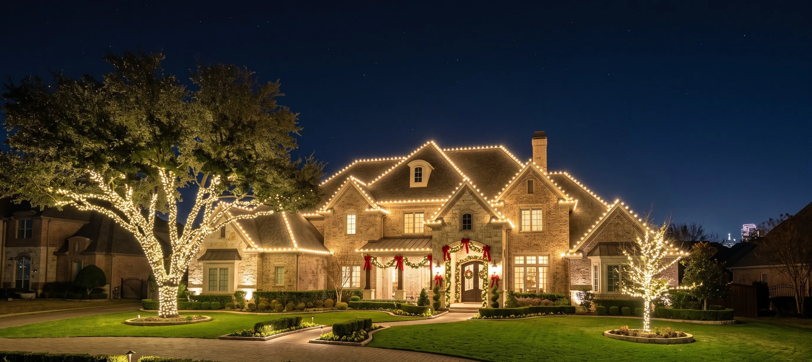 Grand Texas-style brick and stone estate outlined in warm white C9 Christmas lights with wrapped oak trees and garland entry