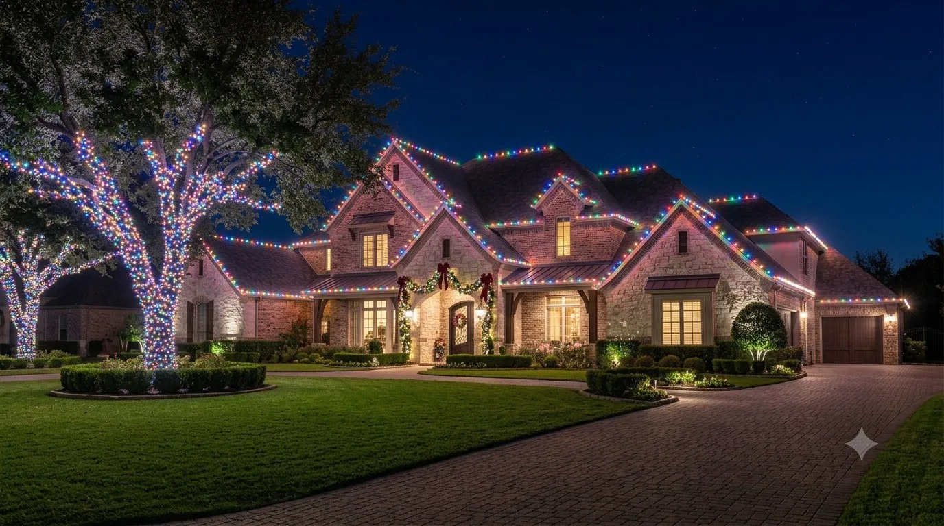 Brick estate with multicolor C9 roofline lights and multicolor wrapped trees
